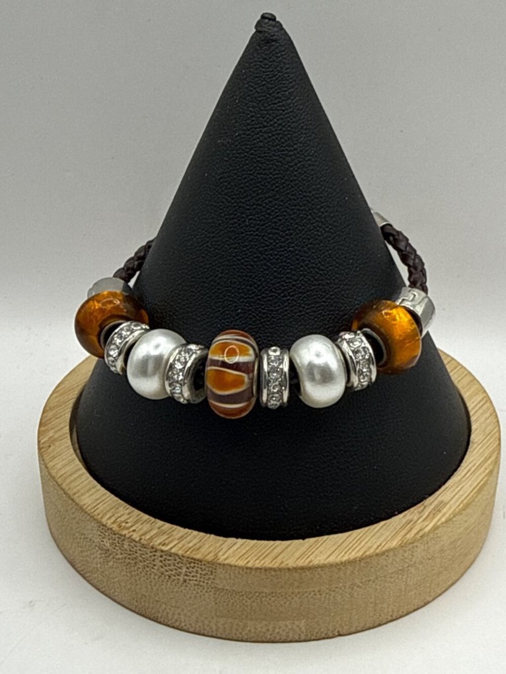 Brown Rhinestone Braided Leather Glass Sliding Beads Boho Bracelet